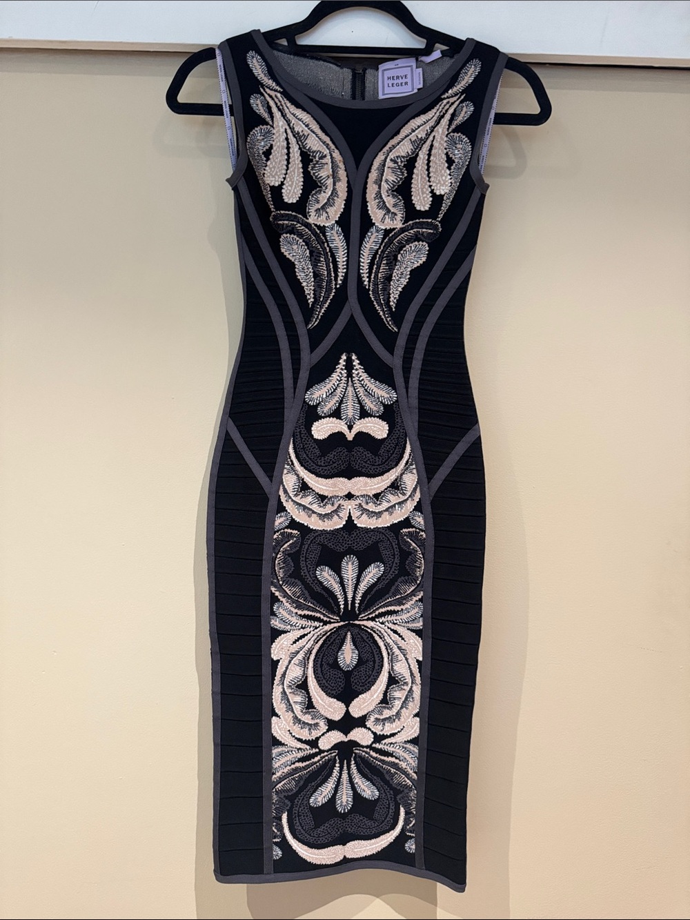Herve Leger Black & Cream Embroidered Midi Dress